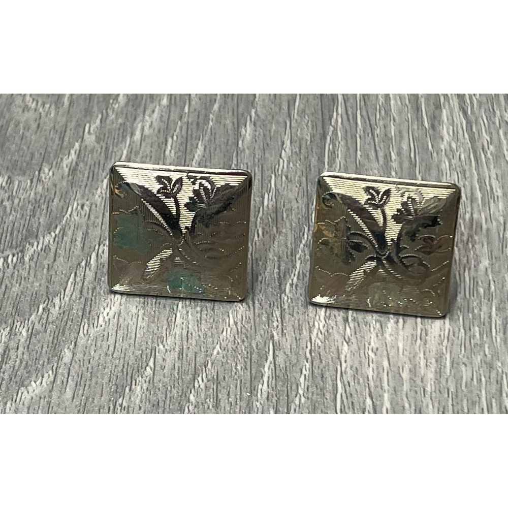 Vintage‎ Gold Tone Etched Floral Design Cufflinks Square Mens Fashion Jewelry